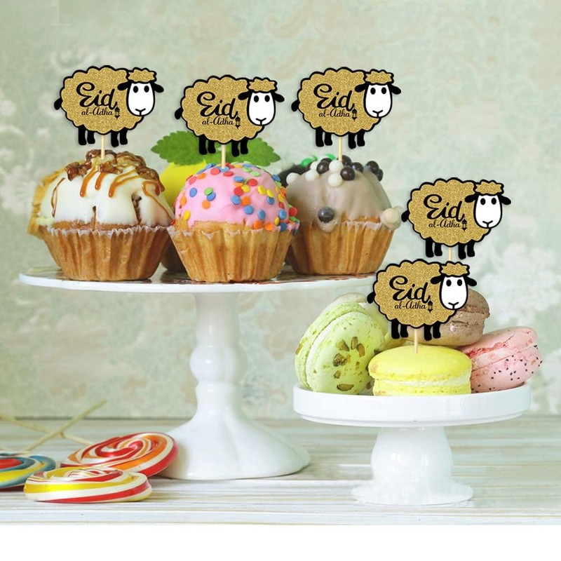 48PCS Glitter Sheep Design Eid Al Adha Cupcake Topper Party