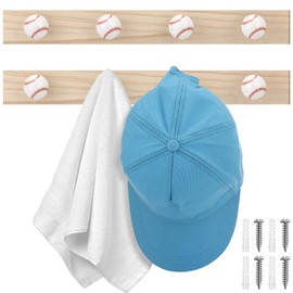 Leinuosen 2 Pcs Baseball Coat Hooks Wall Mounted Wooden Baseball Hat Rack Vintage Key Holder Sports Theme Wall Decor for Towels Bags Hats Keys Coats