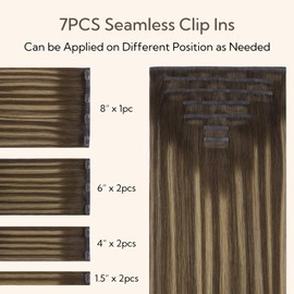 HOTBANANA Seamless Clip in Hair Extensions, 14 Inch 110g 7pcs Balayage Chocolate Brown to Caramel Blonde Invisible PU Skin Weft Straight Remy Human Hair Extensions