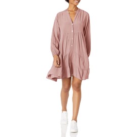 M Made in Italy Women's Long Sleeve Tiered Boho Midi Dress, Antique Pink, Medium