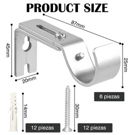 Scettar 6 Pcs Silver Adjustable Curtain Poles Brackets, Curtain Pole Brackets Curtain Brackets Adjustable Silver Curtain Rod Brackets Curtain Rod Bracket for 25mm Poles for Bedroom, Office, Bathrooms