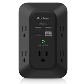 Addtam USB Wall Charger Surge Protector - Addtam 5 Outlet Extender with 4 USB Charging Ports (1 USB C), 3-Sided 1800J Power Strip Multi Plug Outlets Adapter Widely Spaced,Black