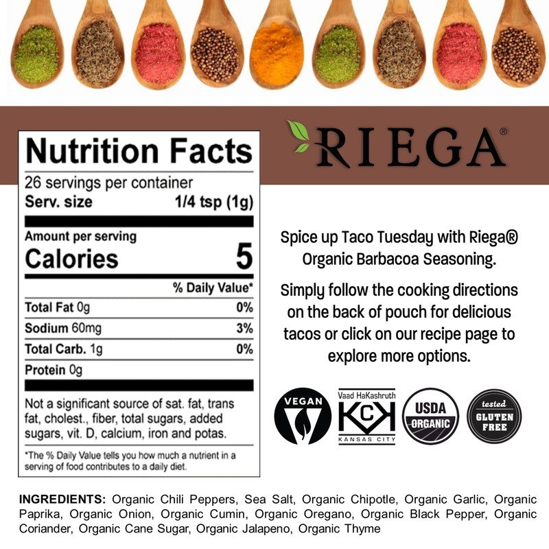 Riega Organic Barbacoa Street Taco Seasoning – Mexican Spice Blend