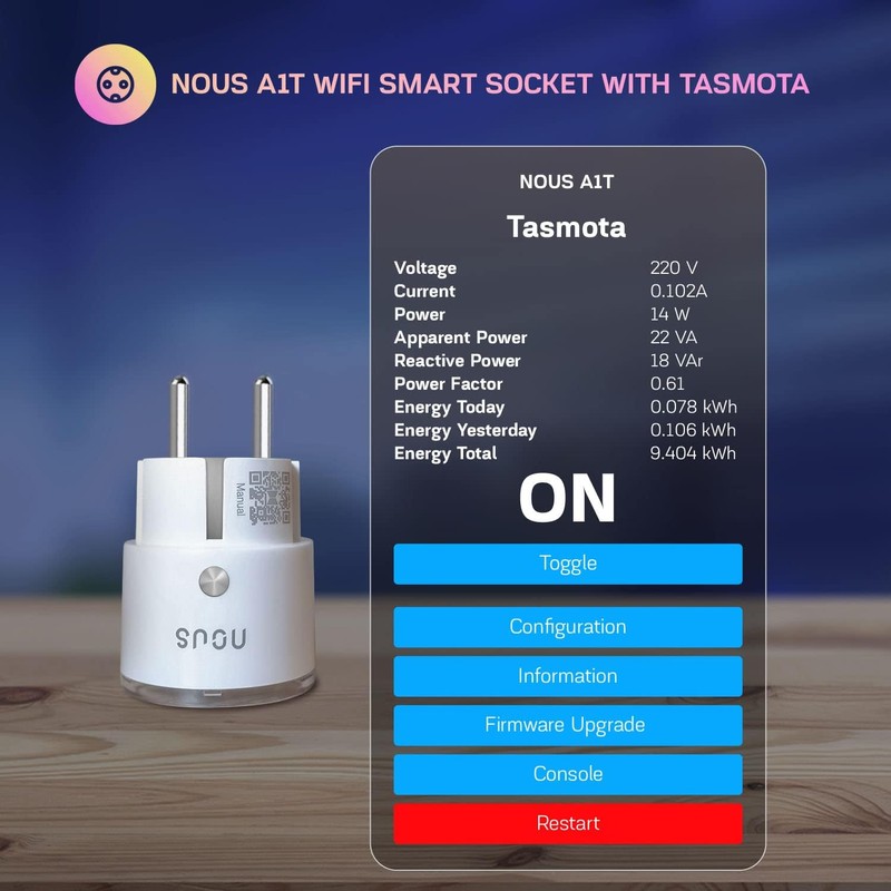 NOUS Tasmota Socket NOUS A1T, Smallest WiFi ESP8266 Smart Plug,