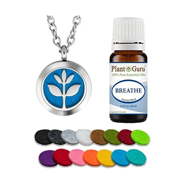 Plant Guru Essential Oil Diffuser Necklace Set Kit With Breathe Blend 10 ml, 25mm Stainless Steel Locket Pendant with 24" Adjustable Chain, 15 Washable Refill Felt Pads. Aromatherapy Jewelry