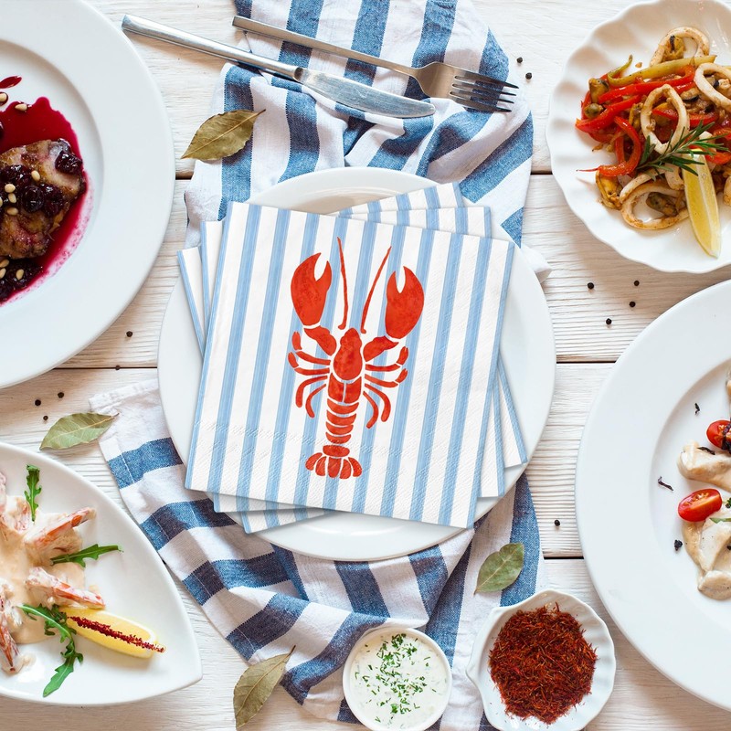 FYSUIMU 50 Pcs Crawfish Paper Napkin Summer Crayfish Stripe Disposable
