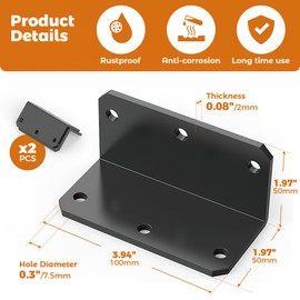 Wuno Shop 2"x4" Galvanized Corner Brace, 90 Degree Angle Iron Brackets with Holes, Metal Joint Bracket, Heavy Duty Right Angle Bracket for Wood Furniture, Raised Garden Bed Corner Brackets-black-2 pcs