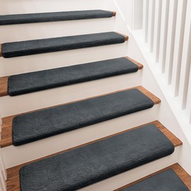 PURE ERA Carpet Stair Treads Ultra Plush 9.5" X 30"Soft Bullnose Indoor Stair Protectors Pet-Friendly Non-Slip Skid Resistant Tape Free Washable Reusable(2 Pieces,Dark Gray)