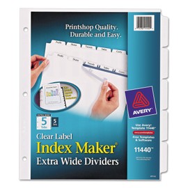 Avery 11440 Index Maker X-Wide Divider, 9-1/4 x 11-1/4, White, 5 Tab, 5 Sets/PK