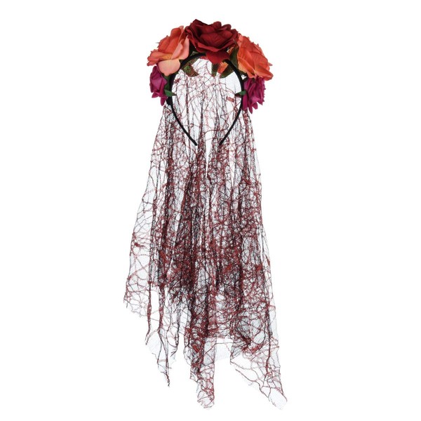 June Bloomy Day of the Dead Headpiece Rose Floral Crown Veil Halloween Costume Mexican Headband (Spider Web Veil Red Orange)