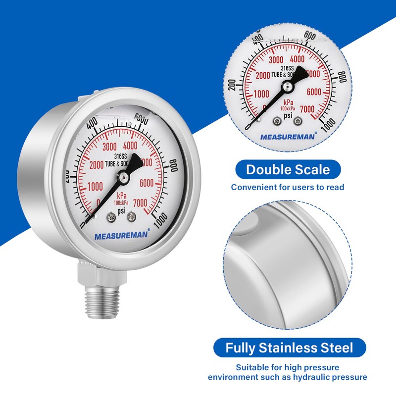 MEASUREMAN Pressure Gauge, 0-1000 PSI/kPa, Glycerin Filled, 1/4 NPT Lower