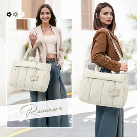 RAINSMORE Tote Bag for Women Lightweight Puffer Tote Bag with Compartments and Shoulder Strap Quilted Travel Tote Bag Nurse Bag Shoulder Bag Handbag Carry On Bag for Travel, Work, Beige