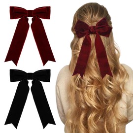 2 Pcs Hair Bows for Women, Black Hair Bows Velvet Burgundy Red Bow Hair Clips, Large Hair Bows Long Ribbon Spring Hairpin Solid Color Hair Ribbon Bow Headwear Party Gifts for Girls Women