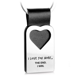 FABACH Heart Keyring with Engraving Made of Leather – Love Couple Lucky Charm Pendant for Your Partner and Favourite Person – I Love You More. The End. I Win., black, Keyring