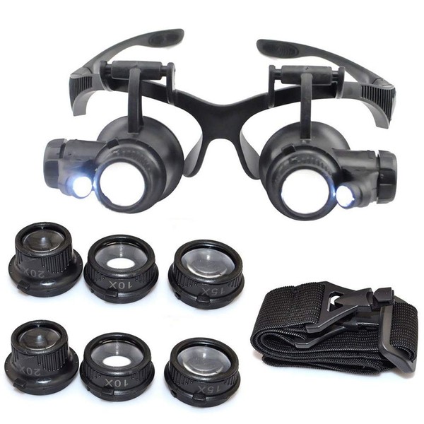 Hands Free Headband Magnifying Glasses Magnifier with Light Jewelers Glasses Eye Loupe with 2 LED Lights 8 Replaceable Lens for Diamond Art Accessories Repair (10X 15X 20X 25X)