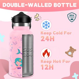 AMFUN Kids Stainless Steel Water Bottle, 350ml Kids Insulated Water Bottle, Upgraded Leak Proof Lid with Straw & Handle for Boys Girls Toddler Hot Cold Drinks (Mermaid)