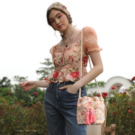 CORIOS Ethnic Style Handbag Women's Canvas Shoulder Bag Bohemian Tote Bag Tassels Handbag Drawstring Shoulder Bag Summer Beach Bag Printed Bag Retro Bucket Bags, Multicoloured (multicoloured E), L,