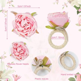 Emivery Pink Flower Napkin Rings Set of 6, Floral Napkin Holder Table Decor Artificial Peony Napkin Holder Rings for Wedding Banquet Birthday Party