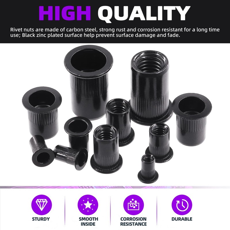 Swpeet 100Pcs Carbon Steel Rivet Nuts Kit, SAE UNC 1/4-20