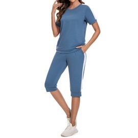 Aottori Jogging Suit Women's Set Crew Neck Short Sleeves Tracksuit Two Piece Elegant Leisure Suit Sports Suit 2-Piece Summer Outfits, blue