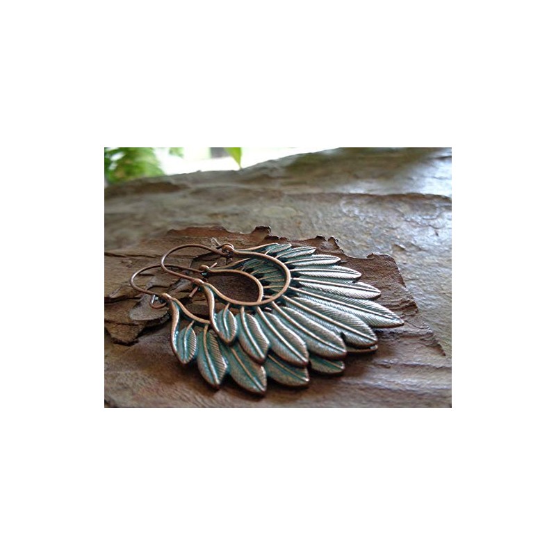 ✿ Feather wreath patina copper feather earrings✿ Exceptional side earrings