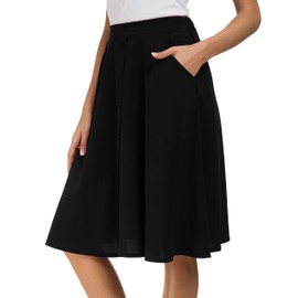 Afibi Women's High Waisted A Line Pleated Midi Skirt Button Front Skirts with Pocket (Medium, Black)
