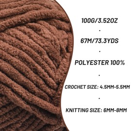 Chunky Chenille Yarn for Crocheting，Baby Yarn for Crocheting Soft Blankets，Bulky Yarns for Crochet Amigurumi，2×100g (2×74.3yds) Fluffy Velvet Yarns for Hand Knitting (2 Coffee)