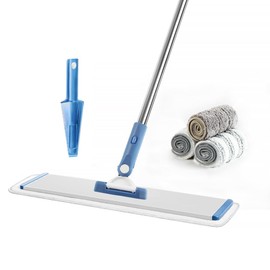 CQT Commercial Flat Microfiber Floor Mop Cleaning System 18" Inch Wet Dry and Dust Hardwood with 4 Washable Pads Cleaner for Laminate Tile Stainless Steel Handle and Extension (PT13-Blue)
