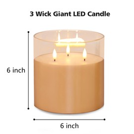 Eywamage 3 Wick Amber Glass Flameless Candle with Remote, Large Flickering LED Battery Pillar Candle Φ 6" H 6"