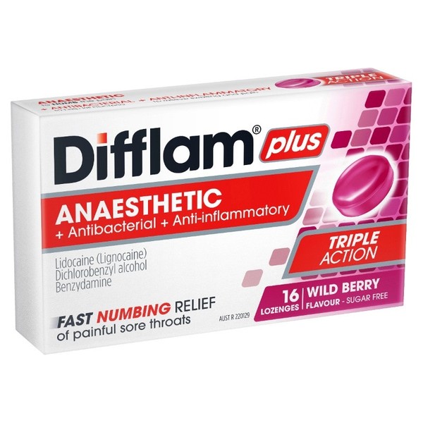 Difflam Plus Anaesthetic Sore Throat Lozenges Wild Berry Flavour X 16