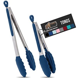 Gorilla Grip Stainless Steel Silicone Tongs for Cooking, Set of 2, Includes 7 and 9 Inch Locking Kitchen Tong, Heat Resistant Tip, Strong Grip for Meat, Perfect for Nonstick Pans and BBQ, Blue