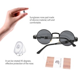 BOZEVON Retro Steampunk Style Inspired Round Metal Circle Sunglasses for Women & Men, Black-Gray