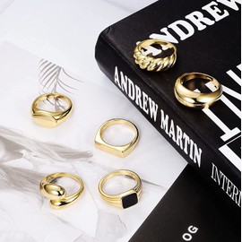 Thunaraz 6Pcs Thick Chunky Dome Rings for Women 14k Gold Plated Ring Round Braided Twisted Signet Rings Trendy Stacking Minimalist Statement Ring Jewelry Size 6-11