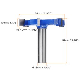 sourcing map T Slot Cutter Rabbet Router Bit 15/32" (12mm) Shank 2-9/16" (65mm) x 13/32" (10mm) 6 Wing Carbide Slotting Cutter Rabbeting Slab Flattening Router Bits for Wood