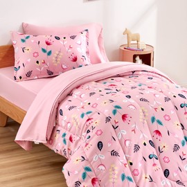 SLEEP ZONE Kids Twin Bedding Comforter Set - Super Cute & Soft Kids Bedding 5 Pieces Set with Comforter, Sheet, Pillowcase & Sham (Pink Flower)