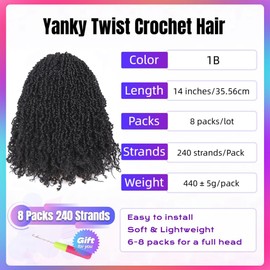 Yanky Twist Braids Crochet Hair 14 Inch 30 Strands/PCS Pre-looped Ombre Bohemian Spring Senegalese Twist Crochet Hair For Black Women(8 PCS,1B)