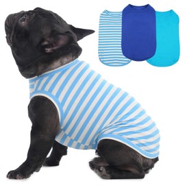 3 Pack Blue Striped and Solid Dog T Shirt for Medium Dogs Boy,Large Sleeveless French Bulldog Shirts,Spring&Summer Outing Grassland Seaside Sun Protection,Soft,Breathable(Blue,L)