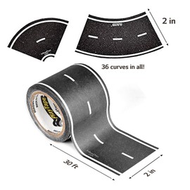 PlayTape Road Tape and Curves for Toy Cars - 1 Roll of 30 ft. x 2 in. Asphalt Road + 1 Roll of 36 Curves