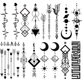Oottati 8 Sheets Arm Temporary Tattoos Arrow Heartbeat Moon Sun Square Triangle Totem Symbol