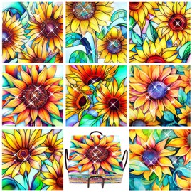 TDOOW Square Diamond Art Coasters Set of 8 with Holder Sunflower Diamond Painting Coasters Kits for Adults Cork Pads DIY Diamond Coaster for Adults Diamond Art Coasters Kits