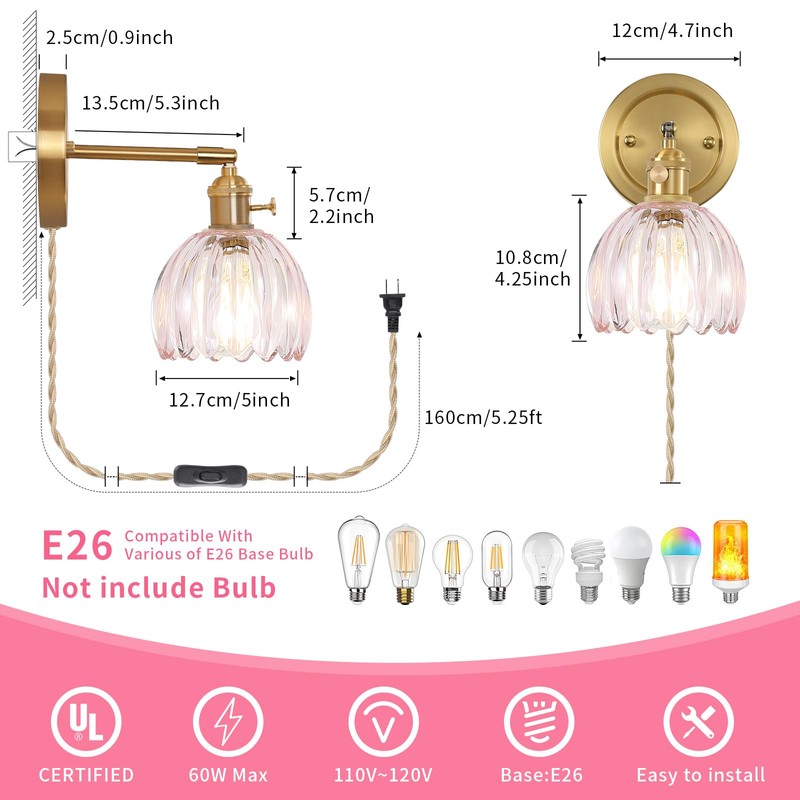 Eemmwet Tulip Wall Sconces Set of 2, Pink Glass Plug