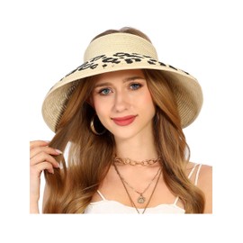 soul young Womens Beach Straw Sun Hats Ponytail Hole Wide Brim Summer Visor Foldable Hat Sun Protection Packable for Travel Pool(One Size,Beige with Leopard 2)