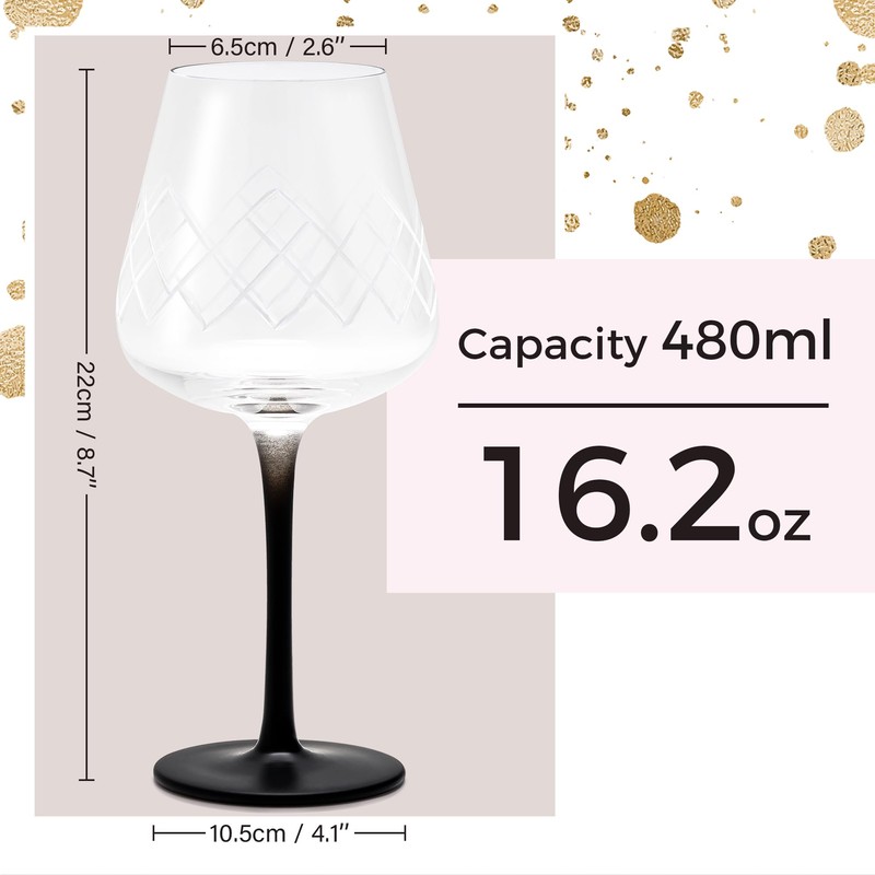 MIAMIO Premium Crystal Wine Glasses, Set of 4 with Black