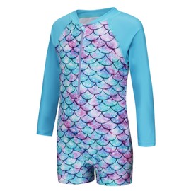 Big Girls One Piece Swimsuits for Girls Long Sleeve Bathing Suit Sun Protection Rash Guard with Front Zipper Aqua Blue Mermaids Size 10/8-10 Years