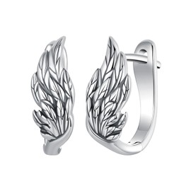 Rockyu Women's 925 Sterling Silver Feather Hoop Earrings Oxidized Wing Design Angel Wings Gift Ready Birthday Christmas, Sterling Silver, No Gemstone