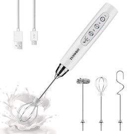 YUSWKO White Handheld Milk Frother Wand for Coffee, Rechargeable Electric Whisk with 3 Heads 3 Speeds Drink Mixer Coffee Frother For Latte, Cappuccino, Hot Chocolate, Egg