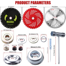 9" x 36 Teeth Carbide Tipped Blades & 9" x20T Carbon Steel Round Chainsaw Tooth Blades & 10" x 80T Brush Cutter Trimmer Blades with Adapter Kit