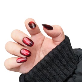 Cat Eye Press on Nails Handmade Short Oval/Square/Round False Nails with French Tip/Aurora/Magnetic Shimmer Designs (Oval Calliandra, Medium)