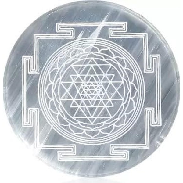 Handmade Healing Crystal Charging Plate, Engraved Sri Yantra Cube Selenite