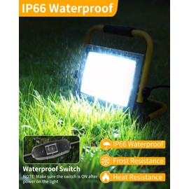 8400LM LED Work Light with 16FT Cord & Switch, 70W Outdoor Flood Light, IP66 Waterproof Portable Job Site Lighting with Stand, 5000K Dayight Worklight for Construction Garage Workshop Car Repairing
